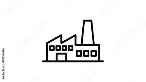Simple outline icon of a factory building with chimney and windows on a white background