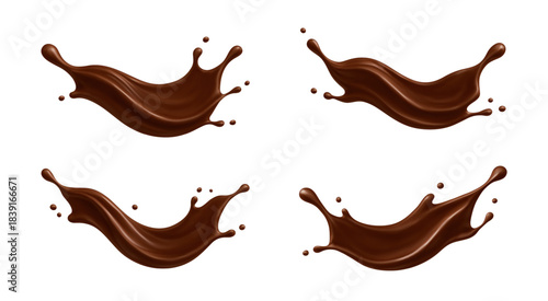 Realistic chocolate splashes. Liquid choco. Dessert and confectionery concept. Vector illustration