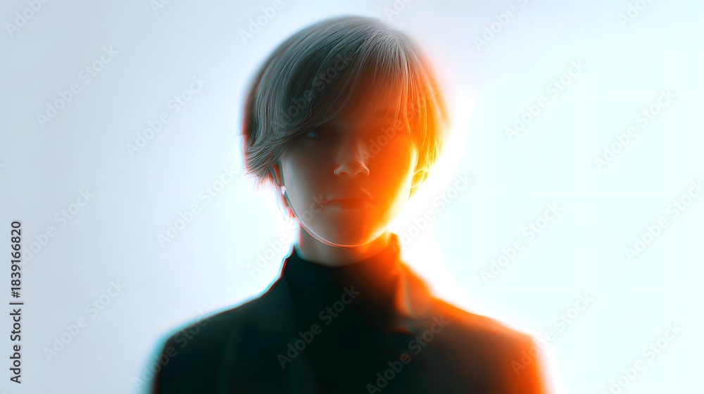 Fototapeta premium Stylized abstract portrait of a person s face with modern hair dramatic split lighting in orange and blue hues creating an intense futuristic and ic visual
