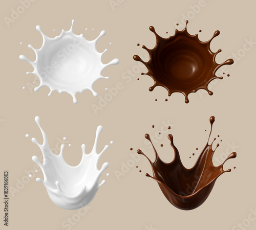 Milk and chocolate splashes. Milkshake and melted choco. Realistic vector illustration