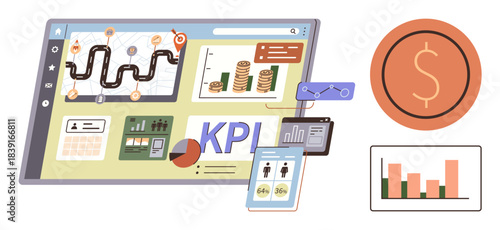Digital dashboard featuring financial analytics, KPI metrics, graphs, team performance, and growth tracking. Ideal for business strategy, performance review, data workflow, financial planning