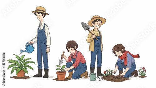 Farmers Cultivating Garden Plants Growth Stages and Farming Activities Illustration