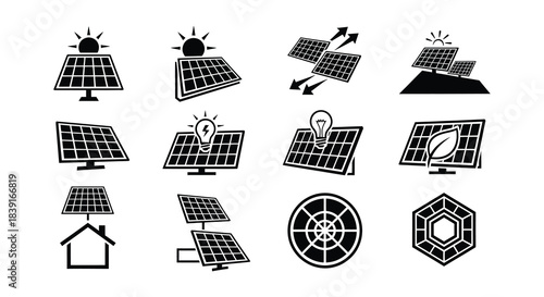 Illustrations of solar panels energy generation and related renewable technology designs