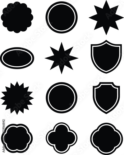 Collection of decorative black frames and blank badges isolated on white