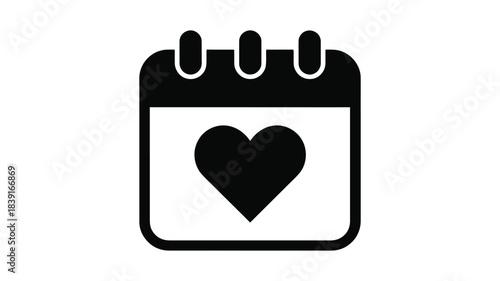 Black and white icon of a calendar page with a heart symbol representing love or special dates