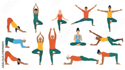 Diverse Group of People Practicing Yoga Poses Healthy Lifestyle Wellness Illustration