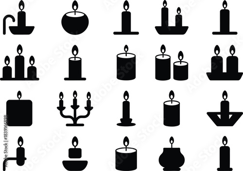 Collection of black silhouette candle icons isolated on white background