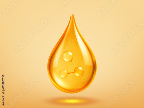 Glossy golden oil drop with molecule inside. Vector realistic illustration