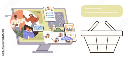 Computer monitor displaying teamwork visuals, task boards, and remote connections beside a basket outline. Ideal for e-commerce, remote work, project planning, organization, productivity, shopping
