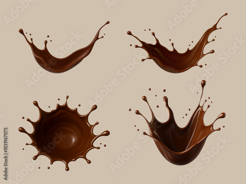Liquid chocolate splashes. Realistic choco splashes. Vector illustration