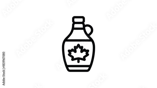 Simple outline icon of a maple syrup bottle with a canadian maple leaf emblem