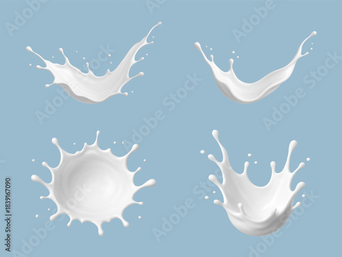 Milk splashes on blue background. Realistic dairy liquid. Vector illustration
