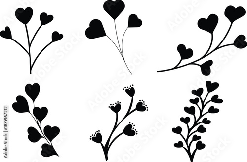 Collection of six black silhouette floral branches with heart shaped leaves and buds on white background