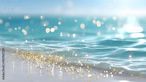 Fototapeta Naklejka Na Ścianę i Meble -  A tranquil beach landscape with soft blue waves reaching the shore illuminated by sunlight and adorned with shimmering golden particles and bokeh effects