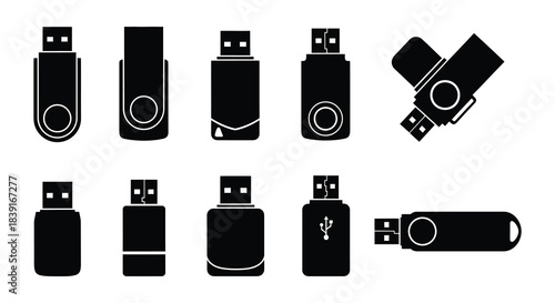 Black and white illustrations showcasing different shapes and styles of usb flash drives.