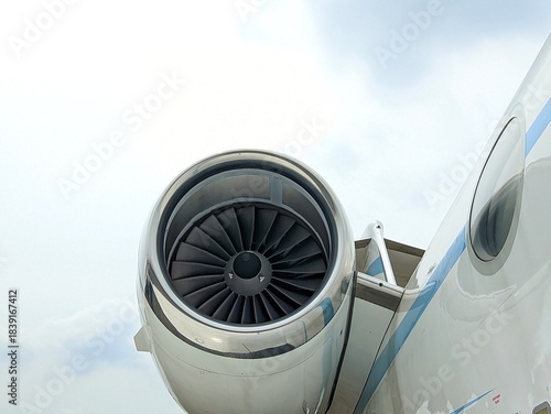 Detailed view of a jet turbine fan of a private airplane against the cloudy sky, representing travel, engineering, and aviation industry