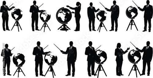 Business person silhouette with globe illustration, teaching concept, geography theme, global awareness, vector graphic, art design, education, presentation