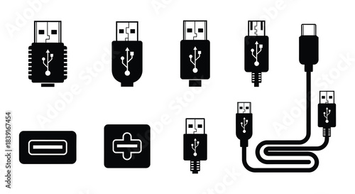 A collection of different usb connector types and a cable, depicted in a simple style.