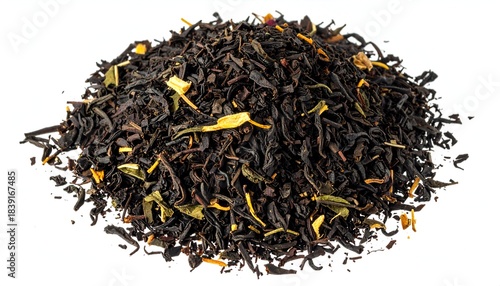 Close-up of loose-leaf tea blend with dried leaves & petals, isolated on white