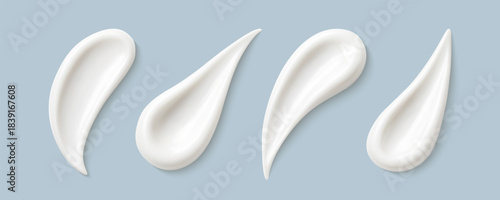 Cosmetic smears of creamy texture isolated on blue background. Set of cosmetic cream swatches. Cosmetic skin care product. Vector realistic illustration