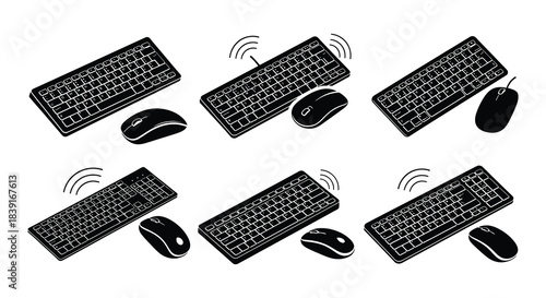 Black and white illustration of multiple keyboards, mice, and wireless signal waves.