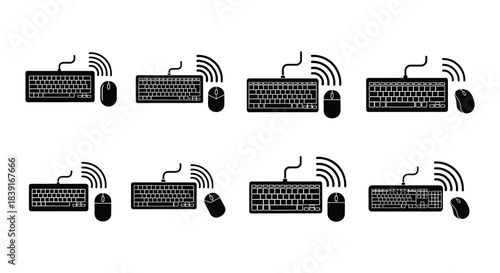 Black and white illustration of multiple keyboards, mice, and wireless signal waves.