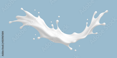 Realistic milk splash on blue background. Vector dairy concept