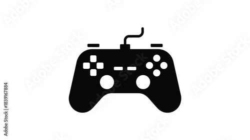 Simple black silhouette of a classic wired video game controller on a white background