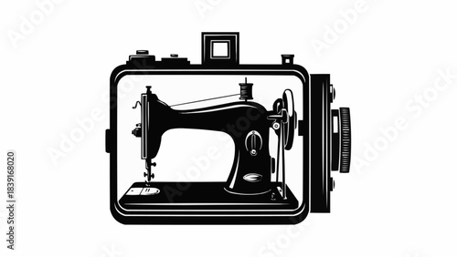 Vintage Sewing Machine Inside Classic Camera Creative Concept.