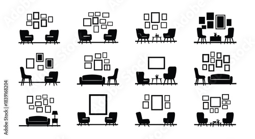 Black and white graphic showing chairs paired with various wall art arrangements.