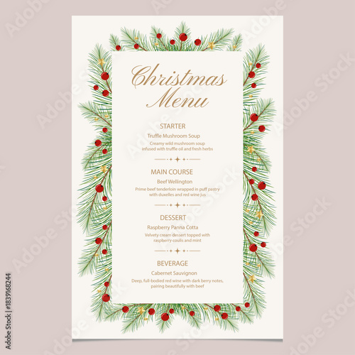 Christmas menu set with pine leaves decoration. Vector illustration restaurant or cafe set menu with starter food, main course, dessert and beverage.