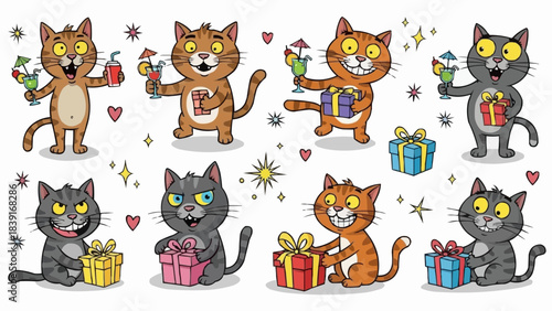 Cats celebrating with gifts and drinks in a festive cartoon style.