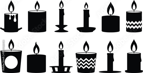 Collection of black silhouette candles with flickering flames isolated vector