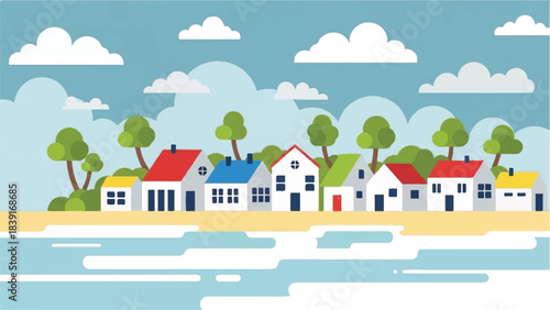 Vibrant coastal town illustration featuring colorful houses nestled by the beach, with palm trees and a serene seascape under a cloudy sky