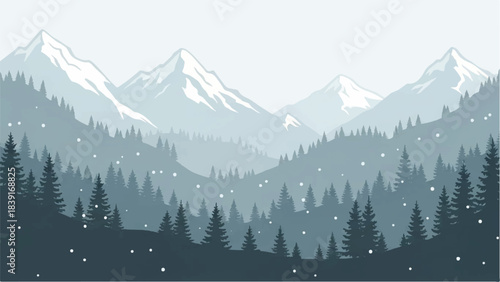Serene winter mountain landscape illustration featuring snow-capped peaks and a layered evergreen forest with gently falling snowflakes