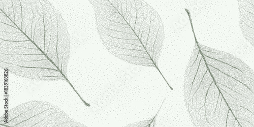 Green pattern with leaves with granular grain texture, layered dust speckles and faint worn marks on aged textured paper surface.