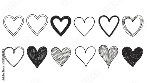 Collection of Hand-Drawn Heart Shapes in Various Styles and Textures on White