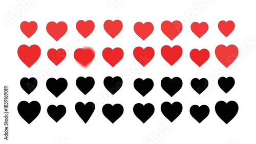 Set of Red and Black Heart Icons Arranged in Rows on White Background