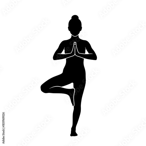 yoga woman in tree pose vrksasana black silhouette