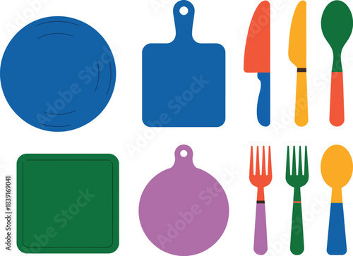 Assorted colorful kitchen utensils and cutting boards arranged on white background knife