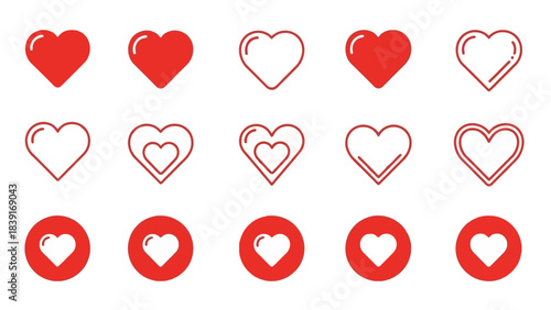 Set of Red Hearts Icons: Solid, Outline, and in Circles for Love, Like, and Social Media