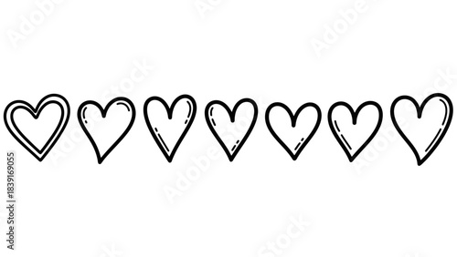 Set of Hand-Drawn Hearts in Black and White, Simple Doodle Style Graphic