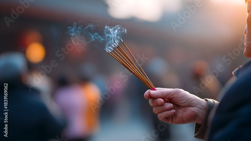 A person s hand holds a bundle of burning incense sticks their smoke rising against a softly blurred background illuminated by golden sunset light evoking a sense of peace and spiritual devotion