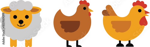 Cartoon sheep and two chickens in flat design style on white background lamb rooster vector