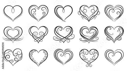 Elegant Black and White Heart Illustrations Set for Valentine's Day Design