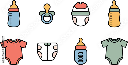 Collection of baby care icons including bottles pacifier diapers and onesies vector infant