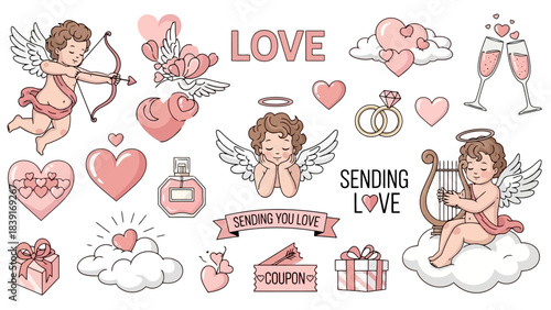 Valentine's Day Romantic Icons and Graphics Collection with Cupid, Hearts, and Gifts