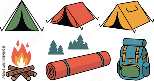 Collection of colorful camping gear including tents campfire sleeping mat backpack and trees vector