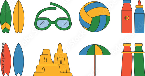Collection of colorful cartoon beach and summer vacation icons on white background surf board