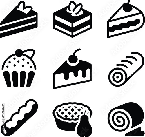 Black and white dessert icons set including cake and pastries